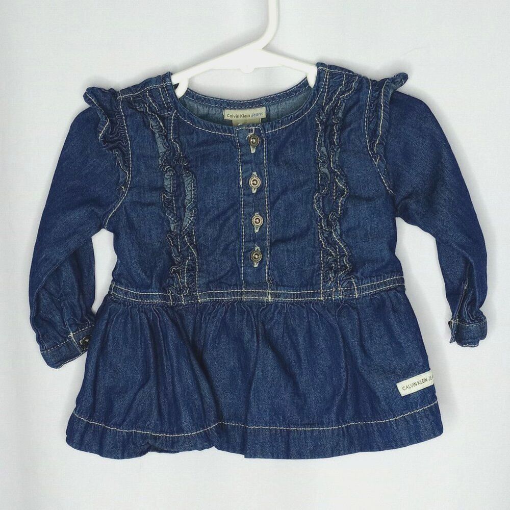 Calvin Klein Jeans Denim Dress Cotton Long Slv Lghtwght Infant Baby Girls 6-9 mo